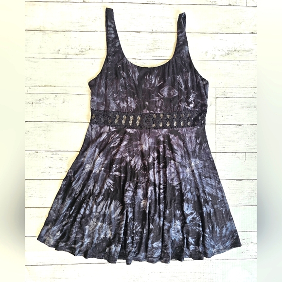 EMPYRE ZUMIEZ Skater Black & Gray Tie Dye Lace Tank Soft Midi Dress Zip up Back - Picture 1 of 10